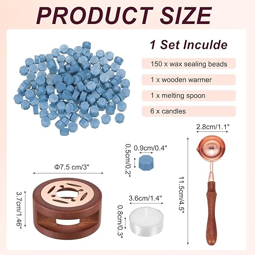 PATIKIL Wax Seal Kit, 150 Pcs Wax Sealing Beads, Wooden Warmer, Melted Spoon, 6 Pcs Tealight Candles for Envelope Letter Mailing Crafts DIY, Haze Blue