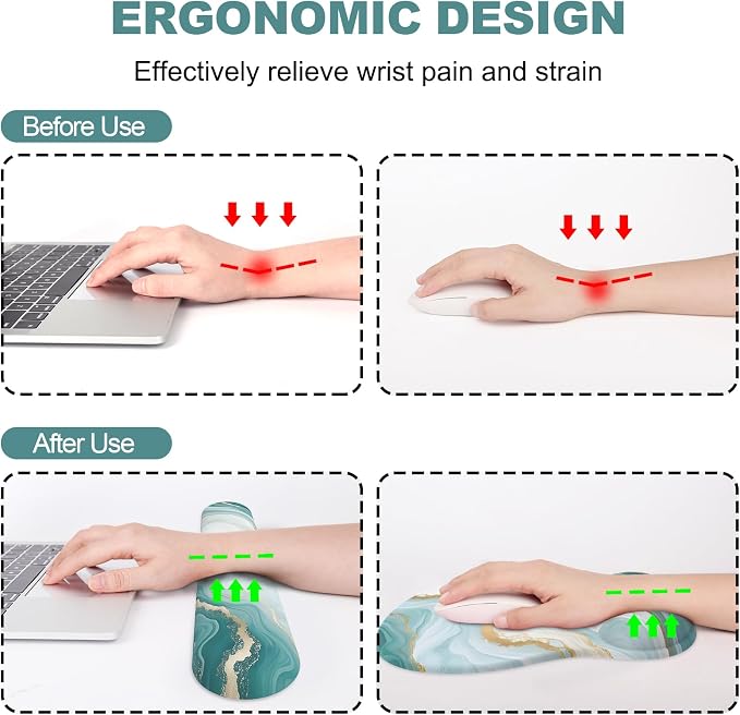 Ergonomic Mouse Pad with Wrist Rest and Keyboard Wrist Rest, Gel Mousepad and Wrist Rest for Computer Keyboard, Pain Relief, Non-Slip PU Base, Mouse Pad Wrist Support for Gaming, Blue Green Marble