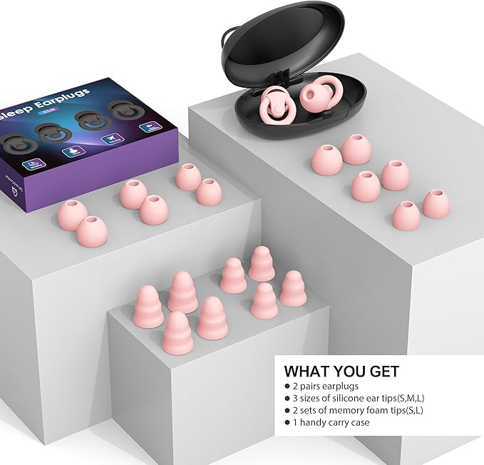 Ear Plugs for Sleeping Noise Cancelling | 2 Pairs Noise Reduction Earplugs for Sleep,Deep Focus,Snoring Blocking,Airplane, 33dB - 38dB Reusable Hearing Protection Silicone & Foam Ear Tips (Pink)