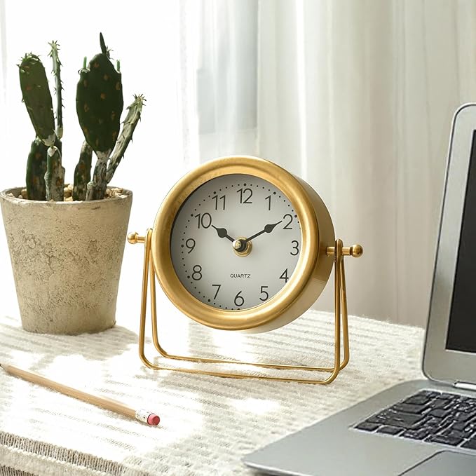 EMAX HOME Small Gold Desk and Shelf Clock, 6.9*5.9 Inch Retro Elegant Tabletop Clock with Glass Cover, Silent Non-Ticking Battery Operated Decorative Clock for Living Room, Office, Bedroom, Gift Idea