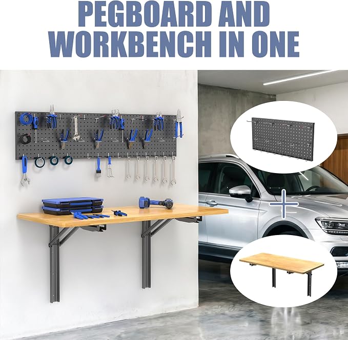 WALMANN Space Saving Wall Mounted Folding Workbench with Pegboard Kit, Heavy Duty Folding Wall Table/Desk for Garage, Workshop, Holds Up to 550 lbs(Tabletop Size: 47.25 x 22.75 in)