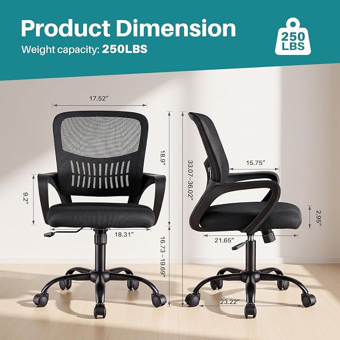 OLIXIS Ergonomic Office Desk Chair, Executive Mid-Back Computer Chair with Comfortable Lumbar Support & Rocking Mode, Height Adjustable with Fixed Armrest, 360° Swivel, for Adults, Black