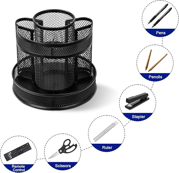 Comix Mesh 360° Rotating Pen Holder, Desk Organizer for Home Office, Black | 5 Compartment Pencil Holder, Sticky Notes Holder, Pen Organizer Office Supplies