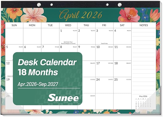 SUNEE Desk Calendar 2026-18 Month Calendar Apr. 2026 - Sep. 2027, 17" x 12" Calendar 2026 with Notes, for Planning, Organizing in Family, School or Office - Colorful Floral 2026 Calendar