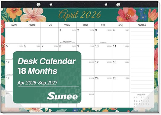 SUNEE Desk Calendar 2026-18 Month Calendar Apr. 2026 - Sep. 2027, 17" x 12" Calendar 2026 with Notes, for Planning, Organizing in Family, School or Office - Colorful Floral 2026 Calendar