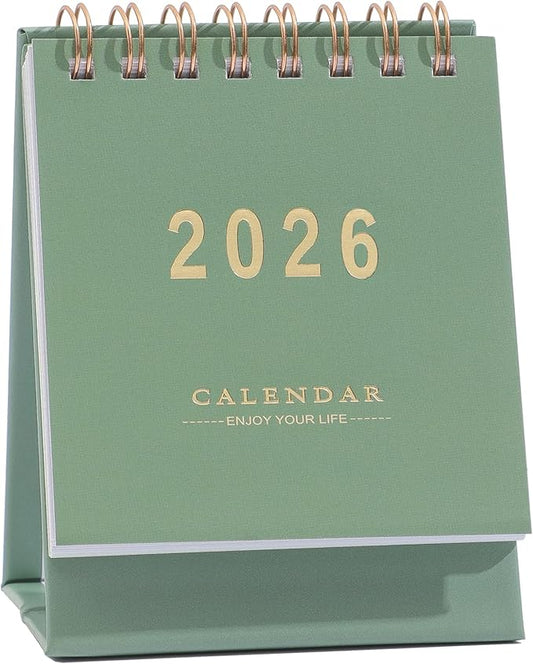 Mini Desk Calendar 2026-2027, Jan 2026 to Jun 2027 Standing Flip Small Desk Calendar- 2026 Monthly Desktop Calendar- Thick Paper Twin-Wire Binding for Home or Office (Green)