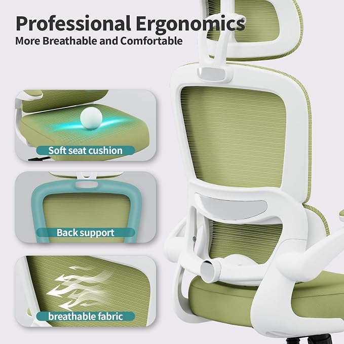 TRALT Office Chair Ergonomic Desk Chair, 330 LBS Home Mesh Office Desk Chairs with Wheels, Comfortable Gaming Chairs (1, Green)