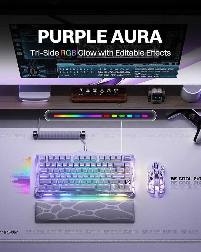 GravaStar Mercury K1 Purple 75% Wireless Mechanical Keyboard – Tri-Mode BT5.0/2.4GHz/USB-C Gaming Keyboard, Jelly Keycaps, Linear Switches, RGB Backlit Creamy Keyboard for PC/Mac【Lavender Purple】