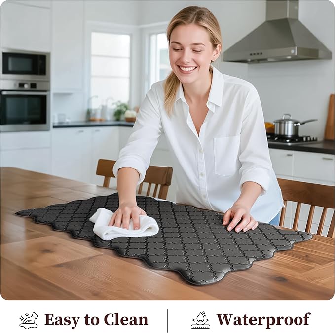 Upgrade Scalloped Embossed Kitchen Mats for Floor 2PCS Cushioned Anti Fatigue Waterproof Foam Kitchen Rugs Non Slip Washable Comfort Standing Mat for Sink Laundry, 17.3"x30"+17.3"x59", Black