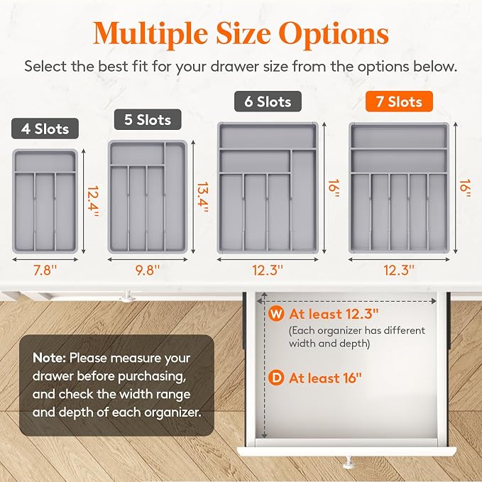 Lifewit Silverware Drawer Organizer Tray, Plastic Cutlery Storage for Kitchen, Flatware and Utensil Holder Divider for Spoons Forks Knives Tableware, 12.3 x 16", 7 Slots, Gray