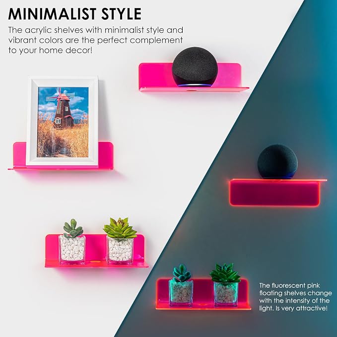 OAPRIRE Acrylic Floating Shelves Set of 2 - Easily Expand Wall Space - Small Wall Shelf with Strong Adhesive for Bedroom, Kids' Room, Bathroom, etc (Fluorescent Pink)