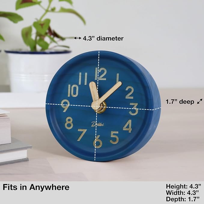 Driini Wooden Analog Desktop Clock – 4.3 in. Decorative Pinewood, No-Tick Design – Easy to Read Silent Sweep Mantle Clock – Quiet Tabletop Clocks with Wood Body, Hands, & Battery Cover; Blue