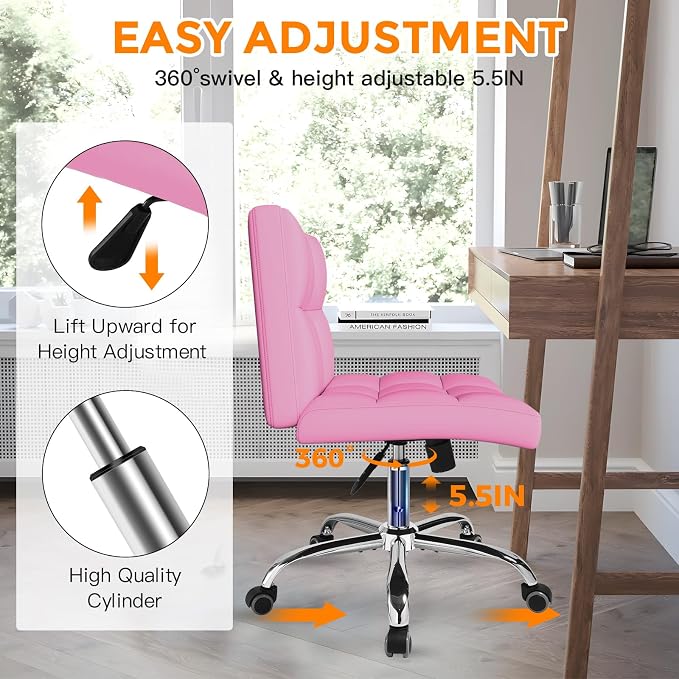 Pink Office Chair with Wheels - 360° Swivel Armless Back Support，Comfortable Pu Adjustable Rolling Desk Chairs for Office，Home，Vanity，Bedroom，Big Space (Widened Pink)