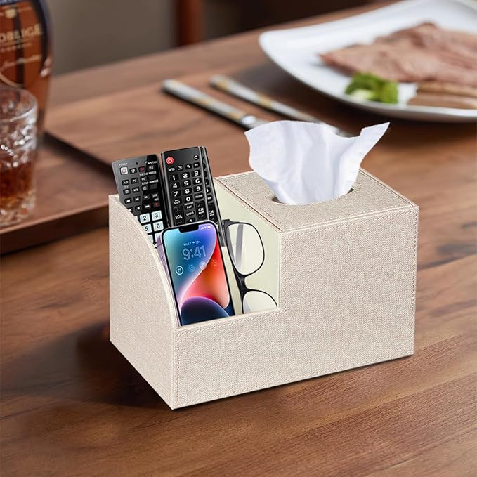PU Leather Square Tissue Box Cover - Multi-Functional Tissue Box Holder | Tissue Box Cover with Storage,Tissue and Remote Control Holder/Caddy,Cube Tissue Box Organizer Bedroom Nightstand End Table