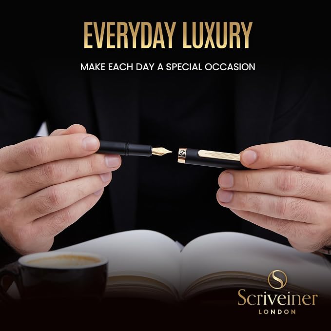 Scriveiner Luxury EDC Fountain Pen (Fine), Stunning Black Pocket Pen with Real Gold Finish, Schmidt Gilded Nib, Ink Converter, Best Writing Gift Set for Men & Women, Nice Fancy Office Designer Gift