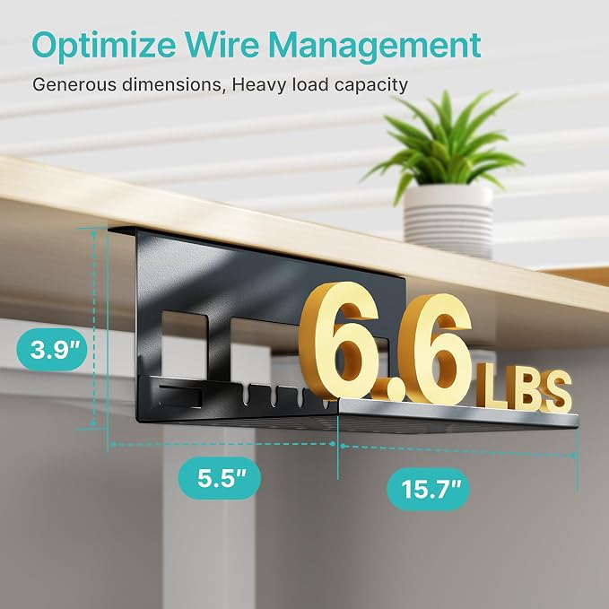Under Desk Cable Management Tray, 15.7'' Screw-Mount Steel Rack | Metal Cord Organizer for Power Strips, Chargers, Reversible Installation, Effortless Wire Management for Home Office, Black