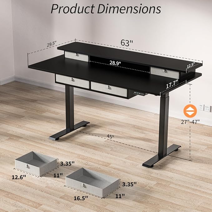 Kingant Electric Standing Desk with 4 Drawers,USB Charging Ports 63"x 30" | Ergonomic Height Adjustable Large Workstation, Heavy-Duty Sit Stand Up Desk For Home Office Daily Work,Black