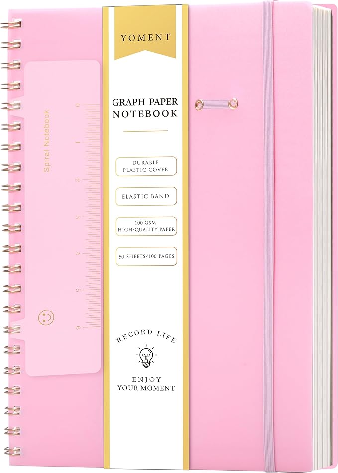 Yoment Graph Paper Notebook Spiral Notebook 8.5 x 11 A4 Large Grid Paper Notebooks, 100 GSM Thick Graph Paper, Plastic Cover Graphing Notebook for Work School Engineering, A4 Pink
