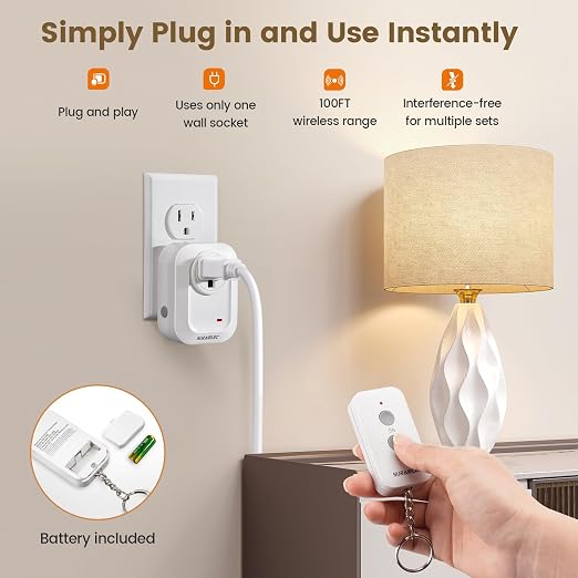 SURAIELEC Wireless Light Switch Remote Control Outlet, No Wiring Needed, 100ft RF Range, Pre-Programmed, Expandable Keychain Remote Switch Kit for Lamps, Fans, Christmas Trees, Small Appliances
