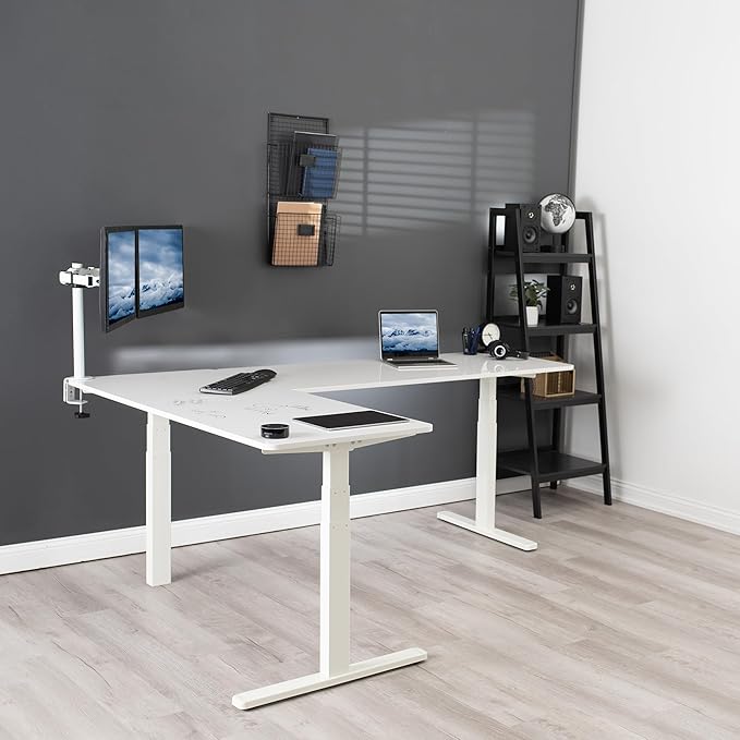 VIVO Electric Height Adjustable 83 x 60 inch Corner Stand Up Desk, 2 White Dry Erase Solid Table Tops, White Frame, Memory Controller, L-Shaped Workstation, 3E Series, DESK-KIT-3E8WE