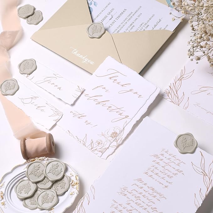 UNIQOOO Wax Seal Stickers - Eucalyptus Wedding Invitation Envelope Seal Stickers, 50 Pcs Self- Adhesive Neutral Linen Warm Grey Stickers, Perfect for Invitation, Christmas, Gift Wrapping