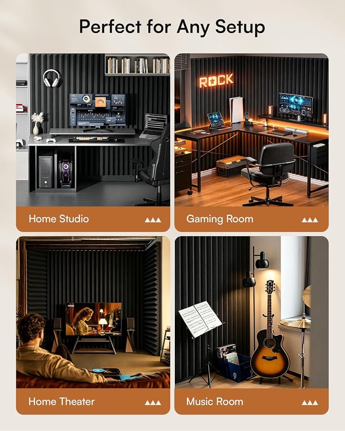 SODOCT 4 Pack Large Wedge Acoustic Foam Panels, 48 x 24 x 2 Inches High Density Sound Proof Foam for Walls, Professional Sound Absorbing Studio Panels for Home Theater, Recording (Black)
