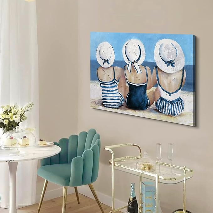 Vintage Beach Wall Art Coastal Bathroom Decor for Girl Navy blue and White Tropical Ocean Seascape Canvas Prints Picture Retro Swimsuit Woman Nautical Artwork for Bedroom Living Room Decoration 24x36"