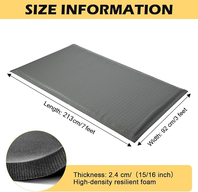 Anti Fatigue Mat 3x7 Ft 15/16" Thick Soft Sponge Ergonomic Mat | Full Day Floor Support Mat Reinforced Diamond Stud Dependable Standing Mat Foundry Forge Casting Mold Injection Molding Gray