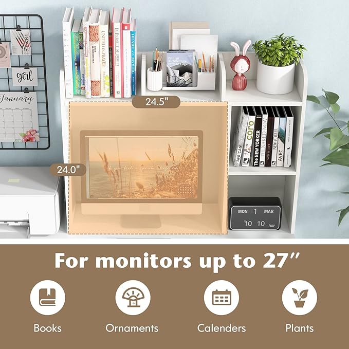 Tangkula Desktop Bookshelf, Countertop Storage Hutch with 5 Shelves for Computer Desk, Desk 3-Tier Display Rack, Multipurpose Wood Desktop Hutch Storage Organizer for Dorm Office Home