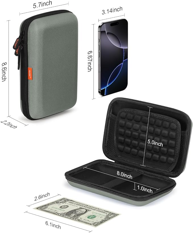 Gray-Green Hard Shell Carrying Case for External Hard Drive, Hard Disk, Power Bank, Charger, Cable, Cell Phone, Electronic Accessories - Larger Capacity Storage Pouch Shockproof Travel Case Bag