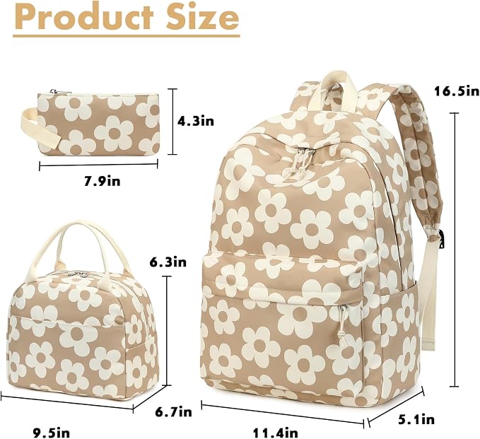 Bluboon Teens Backpack Set Girls School Backpack Lunch Box Pencil Bags Student Bookbags 3 in 1 (Beige Large Flower 157 Brown)