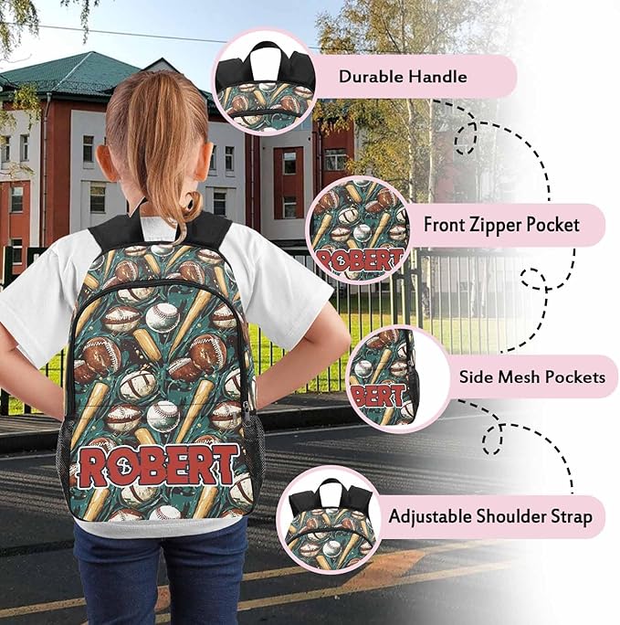 Personalized Baseball Backpack with Name Back to School Supplies Bookbag for Kids Boys Custom Football Balls Player Schoolbag and Water Bottle Cup&Pencil Pouch School Backpacks with Lunch Box Set