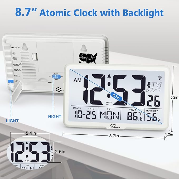 WallarGe Atomic Wall Clock with Backlight, Battery Operated | Large Digital Display, Indoor Temperature, Humidity, Date, AUTO DST, 6 Time Zones
