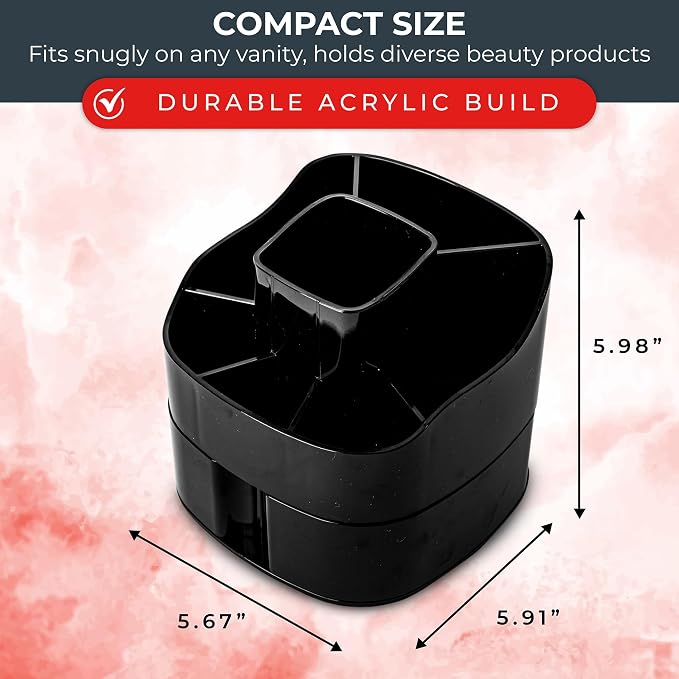 Masirs Small 360 Rotating Makeup Organizer, 5 Compartments, Square Black | Small 360 Rotating Makeup Organizer, 5 Compartments, Acrylic Mini Lazy Susan, Vanity Bathroom Counter, Square Black