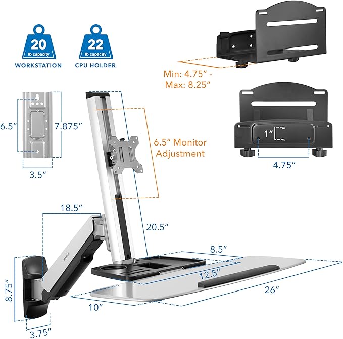 Mount-It! Wall Mounted Sit-Stand Single Monitor Workstation with Gas Spring Arm, Keyboard Tray & CPU Holder, 19.9” Height Adjustment, 41” Extension, VESA 75x75 100x100, MI-7905
