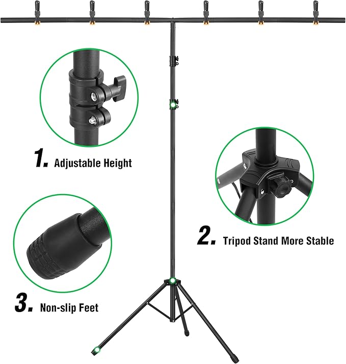 Green Screen Backdrop with Stand, 6.5x5ft Portable Greenscreen Background with Stand, T-Shape Green Screen Stand kit with 6 Spring Clamps, Sandbag, Carry Bag for Zoom, Video