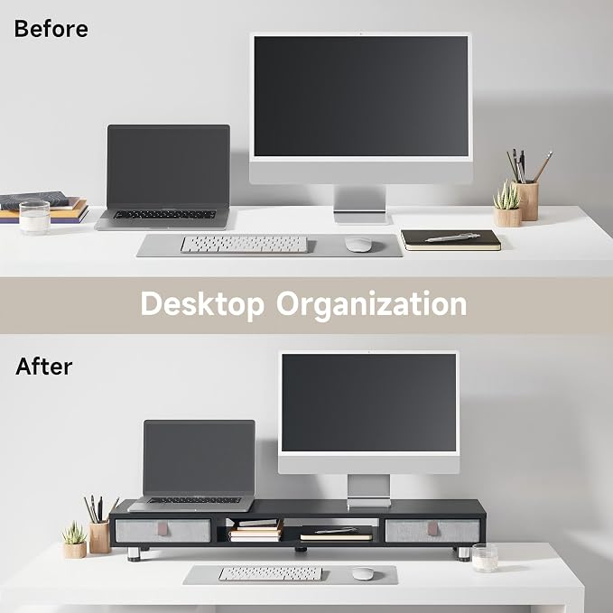 Fenge Dual Monitor Stand, 2-Tier Desk Organizer with Drawers, 42.5in, Black | Storage Fabric Drawer, Ergonomic Height Adjustable, Desk Shelf for Top of Desk, Laptop, PC, TV, Home Office Organization
