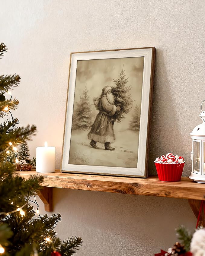 VIYYIEA Framed Wall Art for Living Room, Santa Claus Delivering a Christmas Tree Canvas Painting, a perfect holiday home decoration and gift for friends and family - 12 x 16 inches