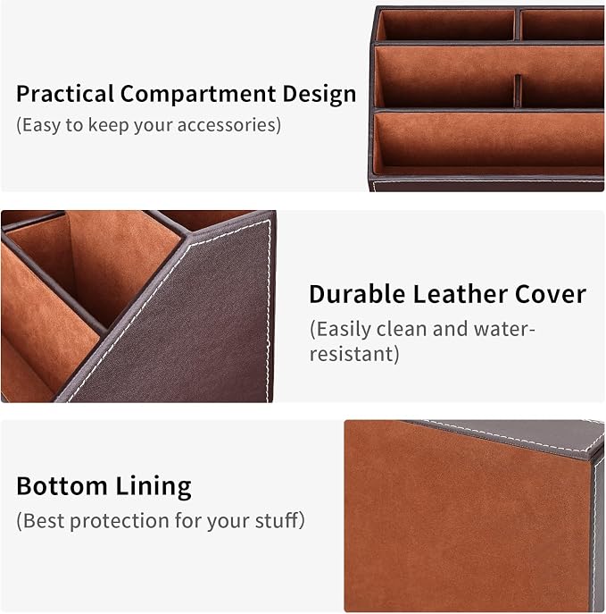 Pu Leather Desk Organizer with 5 Compartments Holder, Multi-Functional Office Supplies Storage Caddy for Pen/Pencil, Phones, Remote Controller and Desktop Accessorie Brown
