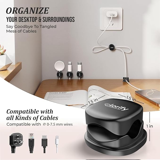 12 Pack Rotatable Spring Cable Clips, Adhesive Cord Organizer for | Charging Cords, Phone Charging Clips, Laptop, Nightstand & Desk Cable Management for Home & Office Use (Black)