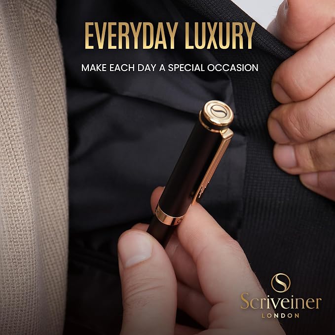 Scriveiner Black Rollerball EDC Luxury Pen, Stunning Pocket Roller ball with Real Gold Finish, Great Gift for Men & Women with German Schmidt Refill, Nice Present, Fancy Office Designer Pen