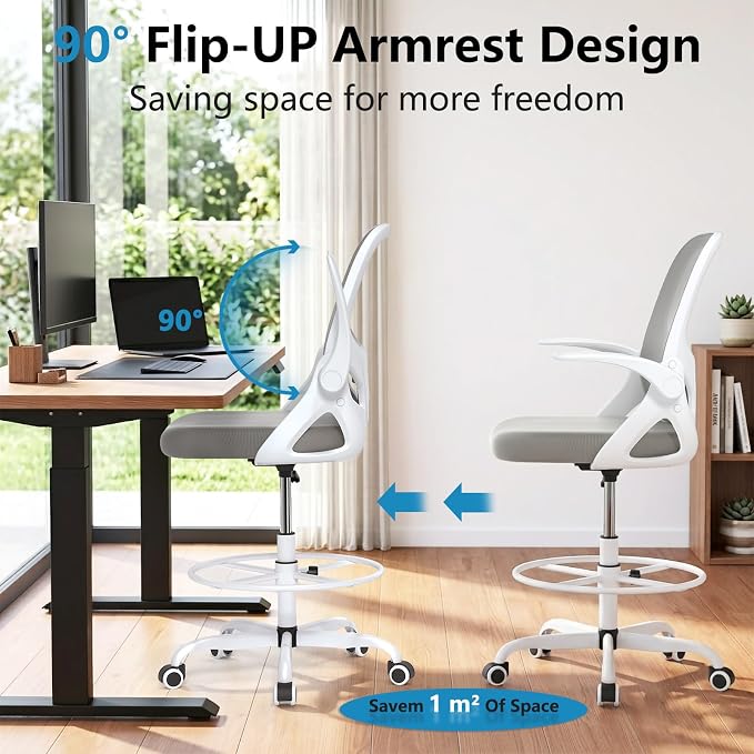 Kensaker Drafting Chair Tall Office Chair, Ergonomic Standing Desk Chair with Adjustable Foot Ring and Flip-up Armrests, Mesh Computer Chair for Art Studio, 300 LBS, Gray
