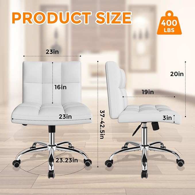 White Office Chair with Wheels - 360° Swivel Armless Back Support，Comfortable Pu Adjustable Rolling Desk Chairs for Office，Home，Vanity，Bedroom，Big Space(Widened White)