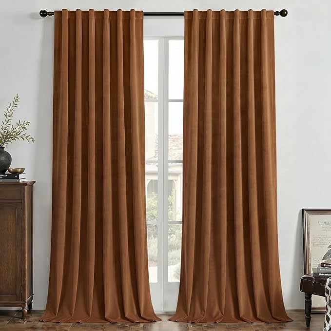 Joydeco Golden Brown 100% Blackout Curtains 90 Inch 2 Panels, Luxury Thermal Brown Velvet Curtains for Bedroom Living Room, Soundproof Blackout Window Drapes, Rod Pocket & Back Tab (52W x 90L)