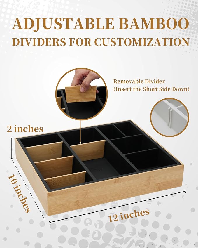 Bamboo Desk Drawer Organizer Tray, Silicone Sturdy Junk Drawer Organizer with 10 Adjustable Compartments, Desk Organizers and Accessories with 4 Removable Dividers for Office Home (White)