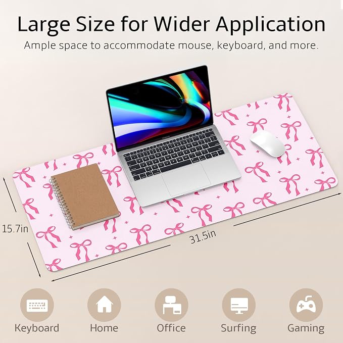 Mouse Pad Leather Desk Mat Large Keyboard Cute Office Desktop Computer Laptop XXL Long Big Aesthetic Modern Design Women Girls Gaming Gamer Oversized Wide Mousepad 31.5"x15.7", Bowtie