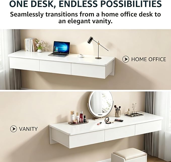 Floating Desk with Drawers, Wood Wall Mounted Desk, Floating Makeup Vanity, Space Saving, Sturdy and Stable, Floating Table for Living Room, Bedroom, Home, Office, Grey