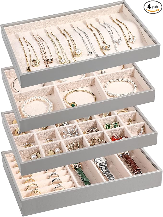 LANDICI Stackable Jewelry Organizer Trays 4 Set,PU Leather Jewelry Organizer Drawer,Jewelry Storage Display Tray for Earring Necklace Rings Bracelet with Removable Dividers,Grey