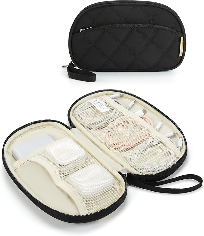 BAGSMART Travel Cord Organizer Electronics Case, Puffer Cable Organizer Bag Travel Essentials for Women, Small Tech Organizer Travel Case for Charger, Cable, Phone, Flash Drive Black