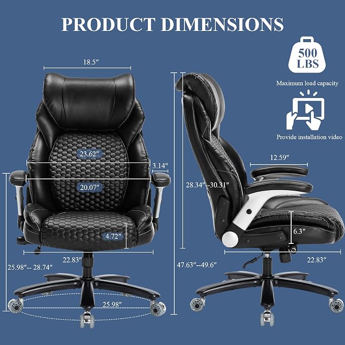 Big and Tall Office Chair, Heavy Duty Office Chair-500lbs Ergonomic Home Office Desk Chair with Adjustable Headrest and Flip-up Armrests High Back Swivel Task Chair with Deluxe Designed Leather